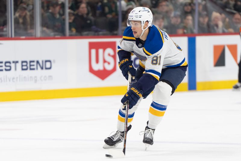 Jan 7, 2025; Saint Paul, Minnesota, USA; St. Louis Blues center Dylan Holloway (81) looks to pass against the St. Louis Blues in the first period at Xcel Energy Center. Mandatory Credit: Matt Blewett-Imagn Images