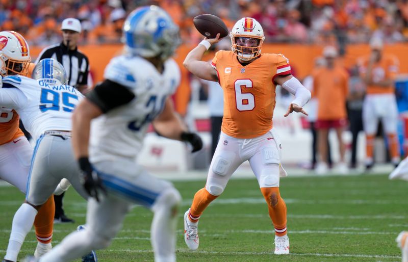 Tampa Bay Buccaneers quarterback Baker Mayfield (6) passes against the Detroit Lions during the first half of an NFL football game Sunday, Oct. 15, 2023, in Tampa, Fla. (AP Photo/Chris O'Meara)