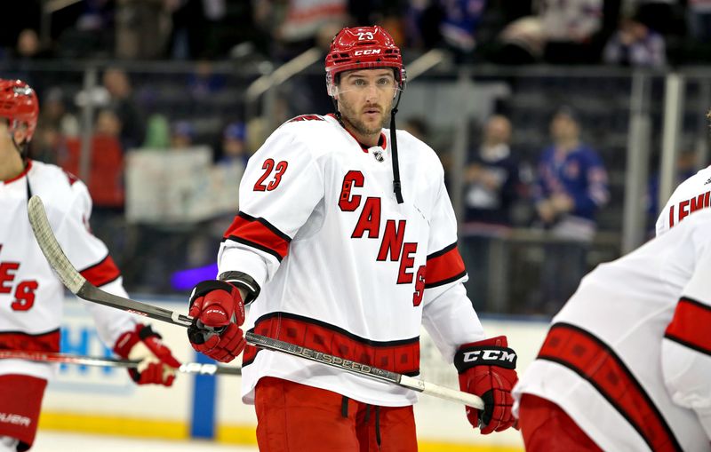 Jan 2, 2024; New York, New York, USA; Carolina Hurricanes right wing Stefan Noesen (23) warms up before the first period against the New York Rangers at Madison Square Garden. Mandatory Credit: Danny Wild-USA TODAY Sports