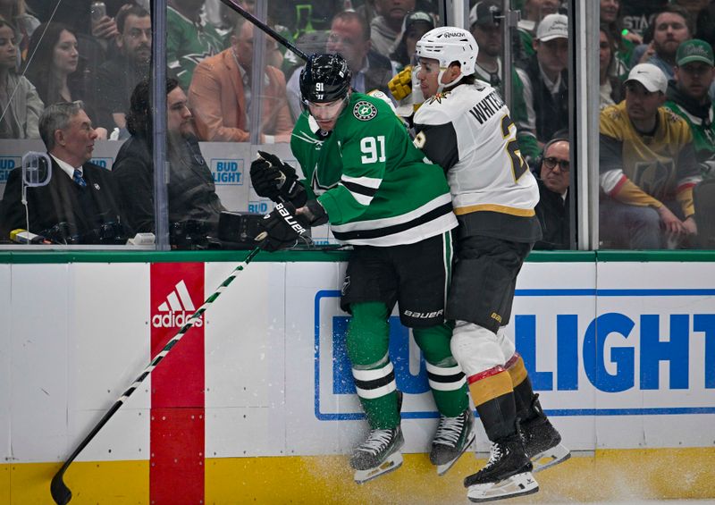 Apr 22, 2024; Dallas, Texas, USA; Dallas Stars center Tyler Seguin (91) checks Vegas Golden Knights defenseman Zach Whitecloud (2) during the third period in game one of the first round of the 2024 Stanley Cup Playoffs at the American Airlines Center. Mandatory Credit: Jerome Miron-USA TODAY Sports