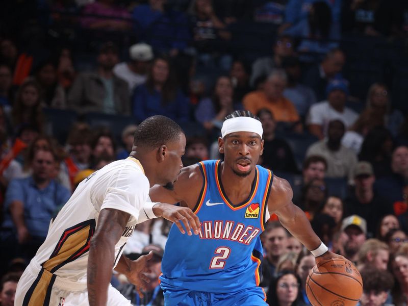 OKLAHOMA CITY, OK - NOVEMBER 13: Shai Gilgeous-Alexander #2 of the Oklahoma City Thunder dribbles the ball during the game against the New Orleans Pelicans on November 13, 2024 at Paycom Center in Oklahoma City, Oklahoma. NOTE TO USER: User expressly acknowledges and agrees that, by downloading and or using this photograph, User is consenting to the terms and conditions of the Getty Images License Agreement. Mandatory Copyright Notice: Copyright 2024 NBAE (Photo by Nathaniel S. Butler/NBAE via Getty Images)