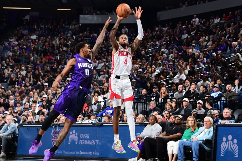 SACRAMENTO, CA - DECEMBER 3: Jalen Green #4 of the Houston Rockets shoots the ball during the game against the Sacramento Kings during the Emirates NBA Cup game on December 3, 2024 at Golden 1 Center in Sacramento, California. NOTE TO USER: User expressly acknowledges and agrees that, by downloading and or using this Photograph, user is consenting to the terms and conditions of the Getty Images License Agreement. Mandatory Copyright Notice: Copyright 2024 NBAE (Photo by Adam Pantozzi/NBAE via Getty Images)