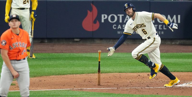 May 24, 2023; Milwaukee, Wisconsin, USA; Milwaukee Brewers second baseman Owen Miller (6) watches his solo home run off of Houston Astros relief pitcher Brandon Bielak (64) during the seventh inning at American Family Field. Mandatory Credit: Mark Hoffman-USA TODAY Sports