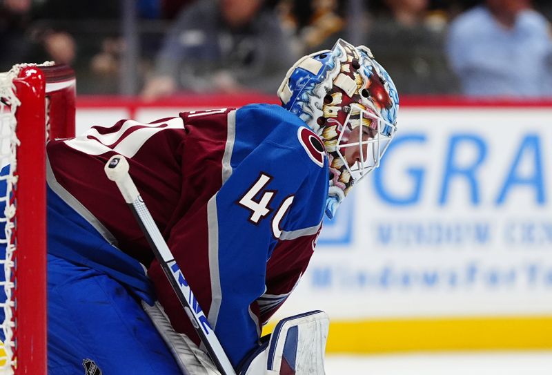 Oct 16, 2024; Denver, Colorado, USA; Colorado Avalanche goaltender Alexandar Georgiev (40) following a goal allowed in the first period against the Boston Bruins at Ball Arena. Mandatory Credit: Ron Chenoy-Imagn Images