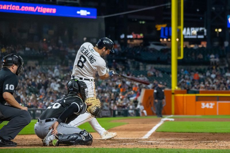 Sep 9, 2023; Detroit, Michigan, USA; Detroit Tigers third baseman Matt Vierling (8) hits a solo home run in the seventh inning against the Chicago White Sox at Comerica Park. Mandatory Credit: David Reginek-USA TODAY Sports