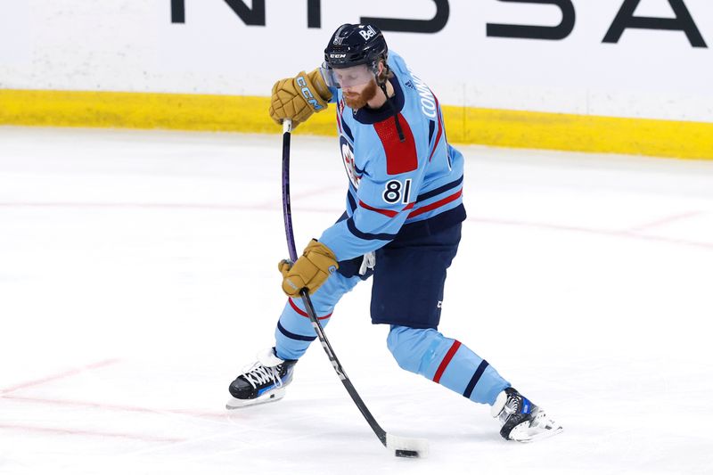 Jan 27, 2024; Winnipeg, Manitoba, CAN; Winnipeg Jets left wing Kyle Connor (81) warms up before the game against the Toronto Maple Leafs at Canada Life Centre. Mandatory Credit: James Carey Lauder-USA TODAY Sports