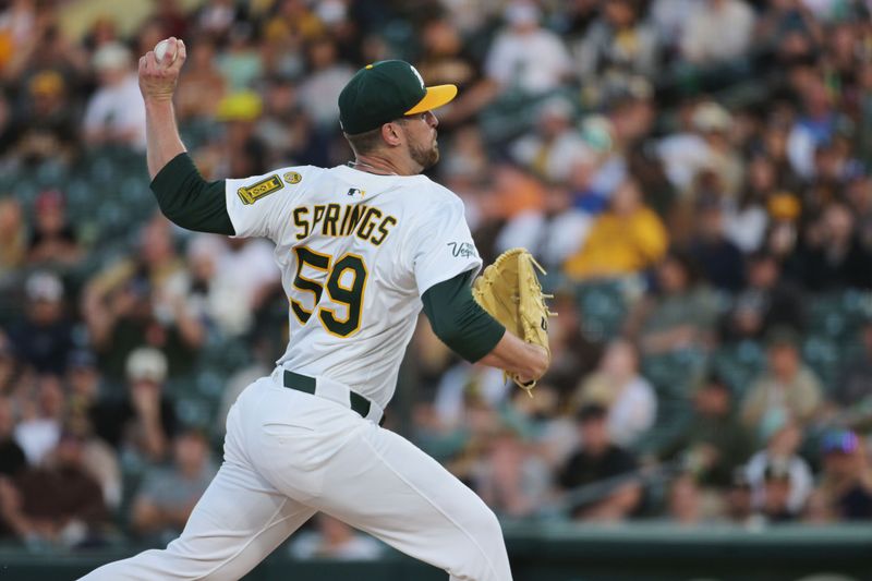 Apr 8, 2025; West Sacramento, California, USA; Athletics pitcher Jeffrey Springs (59) throws a pitch against the San Diego Padres during the first inning at Sutter Health Park. Mandatory Credit: Ed Szczepanski-Imagn Images