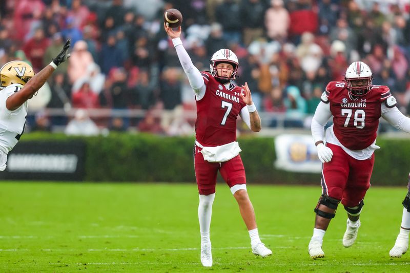 Nov 11, 2023; Columbia, South Carolina, USA; South Carolina Gamecocks quarterback Spencer Rattler (7) throws against the Vanderbilt Commodores in the first quarter at Williams-Brice Stadium. Mandatory Credit: Jeff Blake-USA TODAY Sports