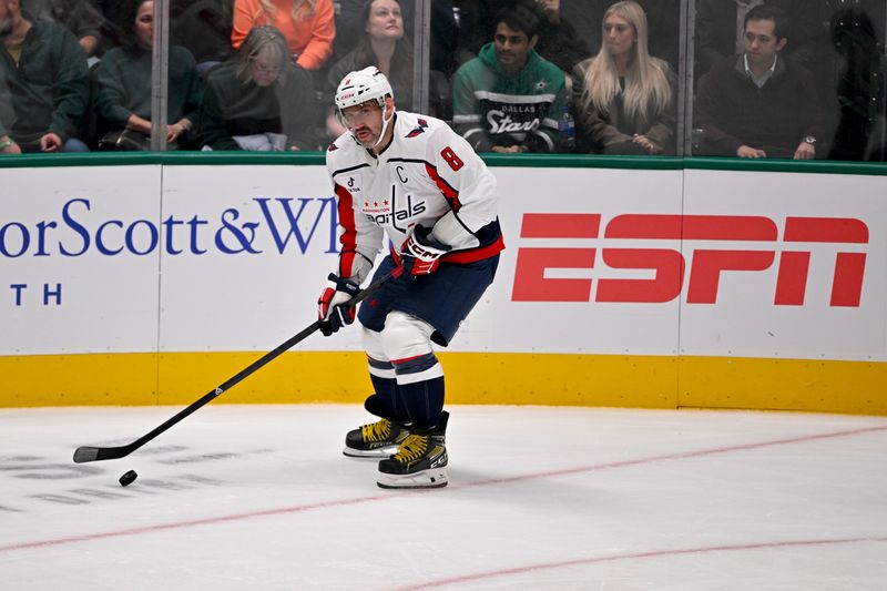 Oct 28, 2025; Dallas, Texas, USA; Washington Capitals left wing Alex Ovechkin (8) skates with the puck during the first period against the Dallas Stars at the American Airlines Center. Mandatory Credit: Jerome Miron-Imagn Images