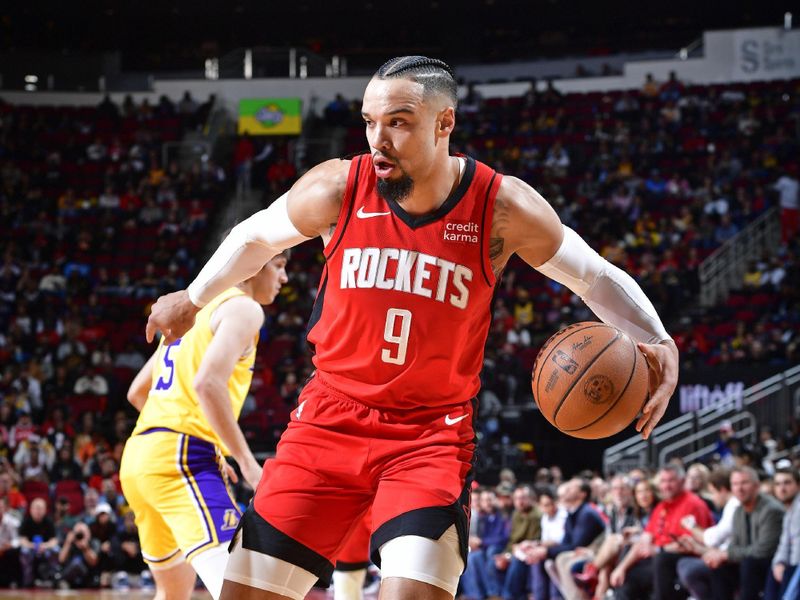 HOUSTON, TX - JANUARY 29:  Dillon Brooks #9 of the Houston Rockets dribbles the ball during the game against the Los Angeles Lakers on January 29, 2024 at the Toyota Center in Houston, Texas. NOTE TO USER: User expressly acknowledges and agrees that, by downloading and or using this photograph, User is consenting to the terms and conditions of the Getty Images License Agreement. Mandatory Copyright Notice: Copyright 2024 NBAE (Photo by Logan Riely/NBAE via Getty Images)