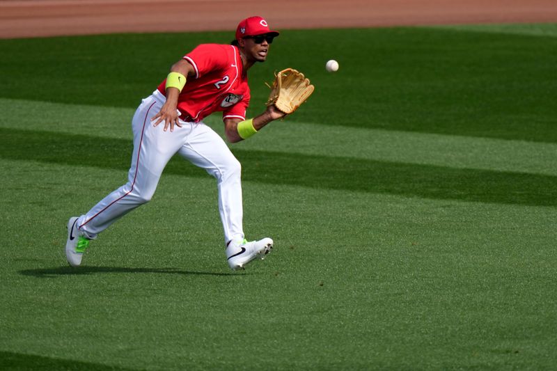 Feb 25, 2024;  Goodyear, Ariz USA; Cincinnati Reds outfielder Jose Barrero (2) makes a catch in the second inning during a MLB spring training baseball game against the Los Angeles Angelsat Goodyear Ballpark. Mandatory Credit: Kareem Elgazzar-USA TODAY Sports via The Cincinnati Enquirer