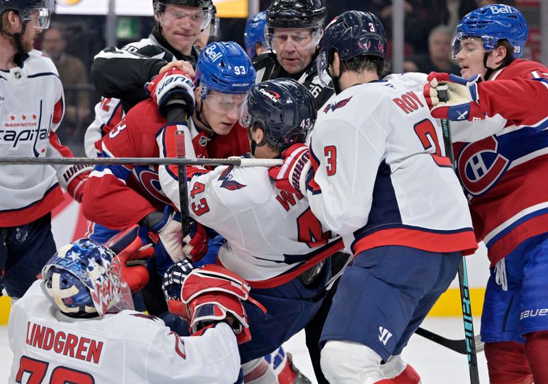 Nov 20, 2025; Montreal, Quebec, CAN; Montreal Canadiens forward Ivan Demidov (93) tussles with Washington Capitals forward Tom Wilson (43) during the first period at the Bell Centre. Mandatory Credit: Eric Bolte-Imagn Images