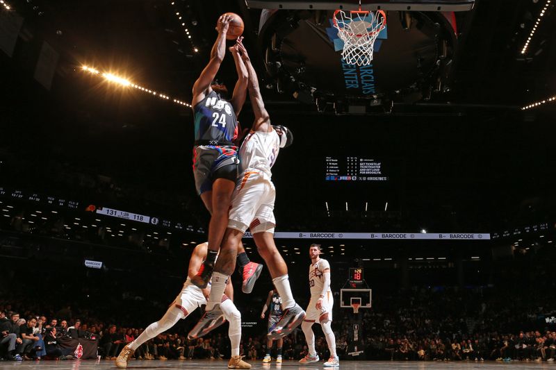 BROOKLYN, NY - JANUARY 31: Cam Thomas #24 of the Brooklyn Nets drives to the basket during the game against the Phoenix Suns on January 31, 2024 at Barclays Center in Brooklyn, New York. NOTE TO USER: User expressly acknowledges and agrees that, by downloading and or using this Photograph, user is consenting to the terms and conditions of the Getty Images License Agreement. Mandatory Copyright Notice: Copyright 2024 NBAE (Photo by Nathaniel S. Butler/NBAE via Getty Images)