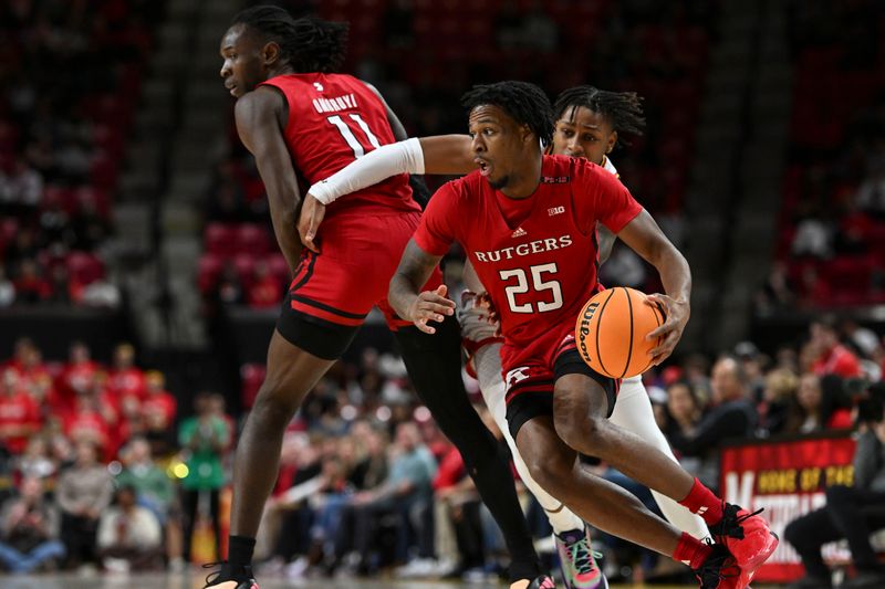 Feb 6, 2024; College Park, Maryland, USA; Rutgers Scarlet Knights guard Jeremiah Williams (25) cuts and center Clifford Omoruyi (11) sets a pick on Maryland Terrapins guard DeShawn Harris-Smith (5) during the first half  at Xfinity Center. Mandatory Credit: Tommy Gilligan-USA TODAY Sports