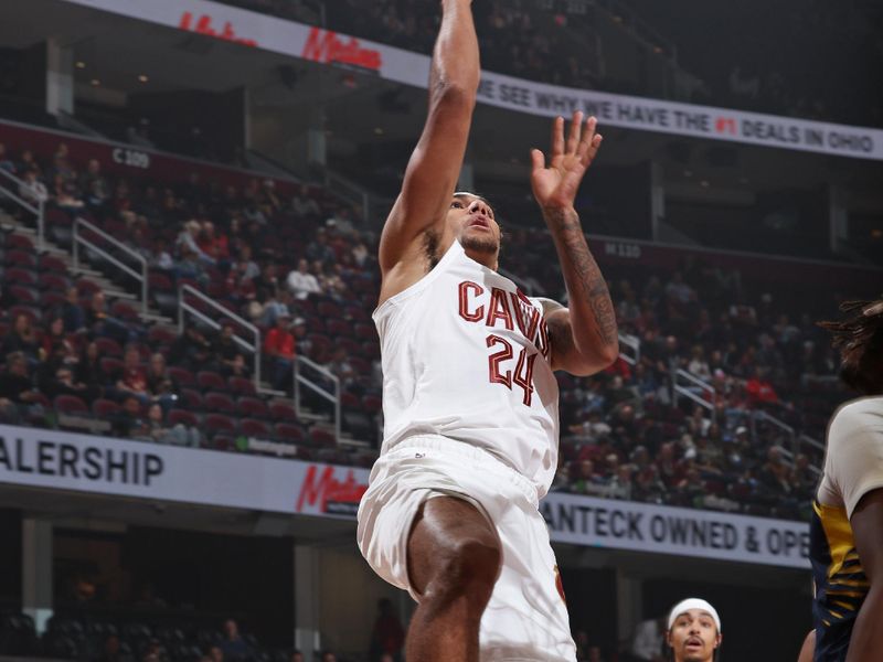 Cleveland, OH - OCTOBER 10: Jalon Tyson #24 of the Cleveland Cavaliers shoots the ball during the game against the Indiana Pacers during a NBA pre season game on October 10, 2024 at Rocket Mortgage Fieldhouse in Cleveland, Ohio. NOTE TO USER: User expressly acknowledges and agrees that, by downloading and or using this photograph, User is consenting to the terms and conditions of the Getty Images License Agreement. Mandatory Copyright Notice: Copyright 2024 NBAE (Photo by Jeff Haynes/NBAE via Getty Images)