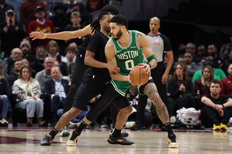 CLEVELAND, OH - FEBRUARY 04:  Jayson Tatum #0 of the Boston Celtics handles the ball during the game against the Cleveland Cavaliers on February 04, 2025 at Rocket Mortgage FieldHouse in Cleveland, Ohio. NOTE TO USER: User expressly acknowledges and agrees that, by downloading and/or using this Photograph, user is consenting to the terms and conditions of the Getty Images License Agreement. Mandatory Copyright Notice: Copyright 2024 NBAE (Photo by  Lauren Leigh Bacho/NBAE via Getty Images)