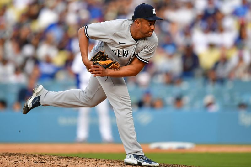 Jun 4, 2023; Los Angeles, California, USA; New York Yankees relief pitcher Wandy Peralta (58) throws against the Los Angeles Dodgers during the ninth inning at Dodger Stadium. Mandatory Credit: Gary A. Vasquez-USA TODAY Sports