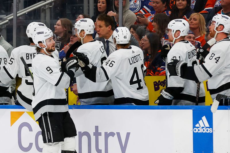 May 1, 2024; Edmonton, Alberta, CAN;The Los Angeles Kings celebrate a goal by forward Adrian Kempe (9) during the third period against the Edmonton Oilers in game five of the first round of the 2024 Stanley Cup Playoffs at Rogers Place. Mandatory Credit: Perry Nelson-USA TODAY Sports