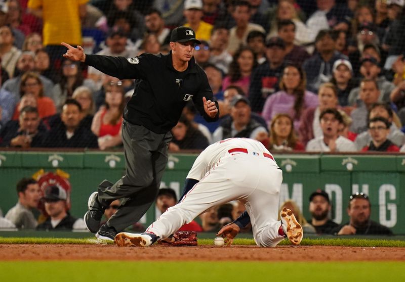 Aug 29, 2024; Boston, Massachusetts, USA; Boston Red Sox first baseman Triston Casas (36) makes the play to first base against the Toronto Blue Jays in the third inning at Fenway Park. Mandatory Credit: David Butler II-USA TODAY Sports