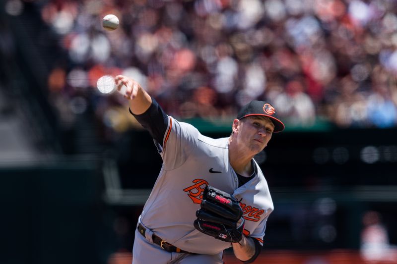 Jun 4, 2023; San Francisco, California, USA;  Baltimore Orioles starting pitcher Tyler Wells (68) throws against the San Francisco Giants during the first inning at Oracle Park. Mandatory Credit: John Hefti-USA TODAY Sports