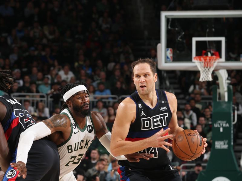 MILWAUKEE, WI -  NOVEMBER 2: Bojan Bogdanovic #44 of the Detroit Pistons dribbles the ball during the game against the Milwaukee Bucks on November 2, 2022 at the Fiserv Forum Center in Milwaukee, Wisconsin. NOTE TO USER: User expressly acknowledges and agrees that, by downloading and or using this Photograph, user is consenting to the terms and conditions of the Getty Images License Agreement. Mandatory Copyright Notice: Copyright 2022 NBAE (Photo by Gary Dineen/NBAE via Getty Images).