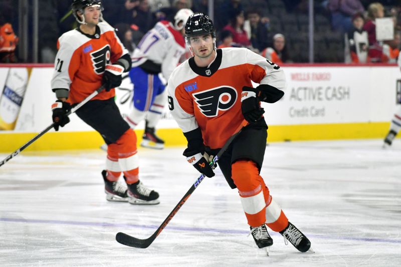 Jan 10, 2024; Philadelphia, Pennsylvania, USA; Philadelphia Flyers defenseman Jamie Drysdale (9) during warmups against the Montreal Canadiens at Wells Fargo Center. Mandatory Credit: Eric Hartline-USA TODAY Sports