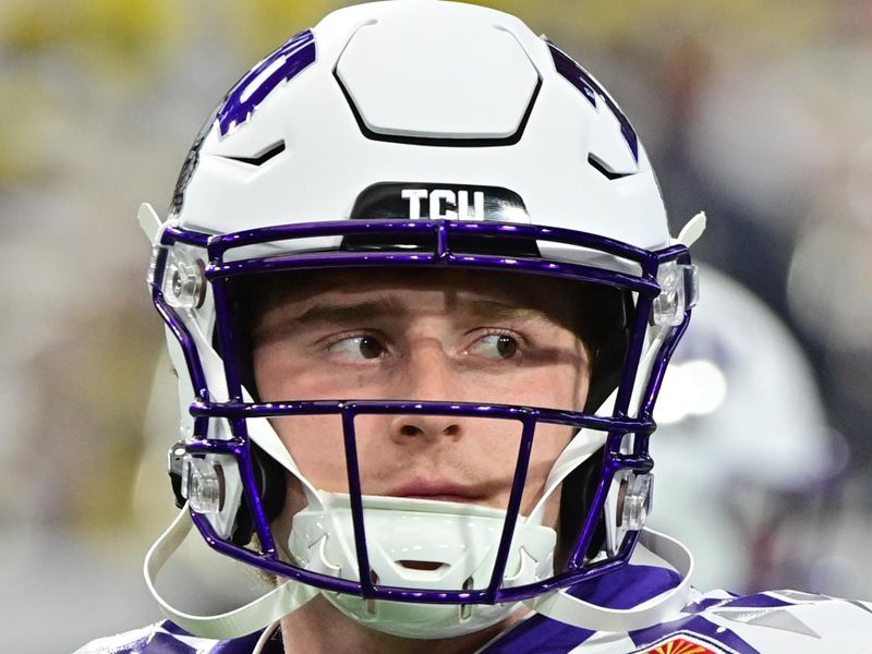 Dec 31, 2022; Glendale, Arizona, USA; TCU Horned Frogs quarterback Max Duggan (15) on the field before the game against the Michigan Wolverines in the 2022 Fiesta Bowl at State Farm Stadium. Mandatory Credit: Matt Kartozian-USA TODAY Sports