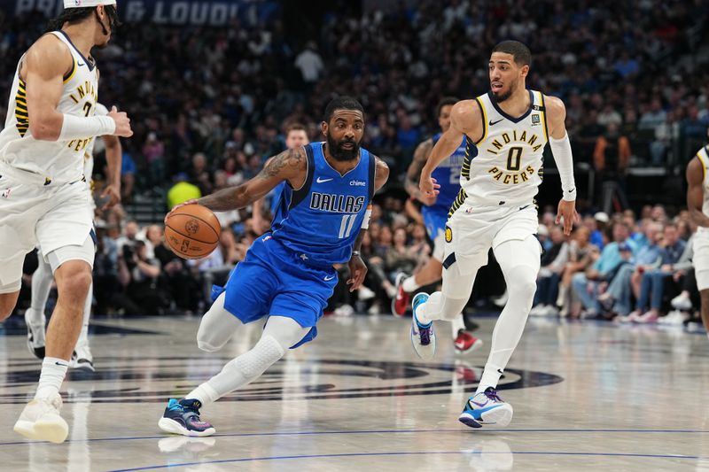 DALLAS, TX - MARCH 5: Kyrie Irving #11 of the Dallas Mavericks dribbles the ball during the game against the Indiana Pacers on March 5, 2024 at the American Airlines Center in Dallas, Texas. NOTE TO USER: User expressly acknowledges and agrees that, by downloading and or using this photograph, User is consenting to the terms and conditions of the Getty Images License Agreement. Mandatory Copyright Notice: Copyright 2024 NBAE (Photo by Glenn James/NBAE via Getty Images)