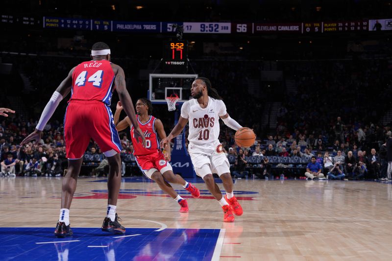 PHILADELPHIA, PA - FEBRUARY 23: Darius Garland #10 of the Cleveland Cavaliers dribbles the ball during the game against the Philadelphia 76ers on February 23, 2024 at the Wells Fargo Center in Philadelphia, Pennsylvania NOTE TO USER: User expressly acknowledges and agrees that, by downloading and/or using this Photograph, user is consenting to the terms and conditions of the Getty Images License Agreement. Mandatory Copyright Notice: Copyright 2024 NBAE (Photo by Jesse D. Garrabrant/NBAE via Getty Images)