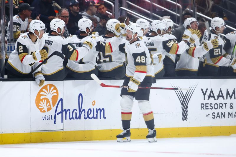 Nov 13, 2024; Anaheim, California, USA; Vegas Golden Knights center Tomas Hertl (48) celebrates with his teammates after scoring a goal during second period of a hockey game against the Anaheim Ducks at Honda Center. Mandatory Credit: Jessica Alcheh-Imagn Images