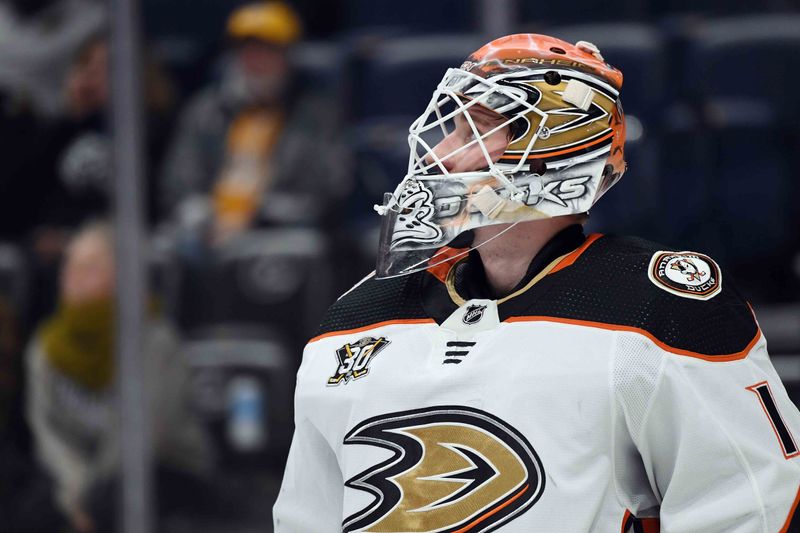 Jan 9, 2024; Nashville, Tennessee, USA; Anaheim Ducks goaltender Lukas Dostal (1) during the third period against the Nashville Predators at Bridgestone Arena. Mandatory Credit: Christopher Hanewinckel-USA TODAY Sports