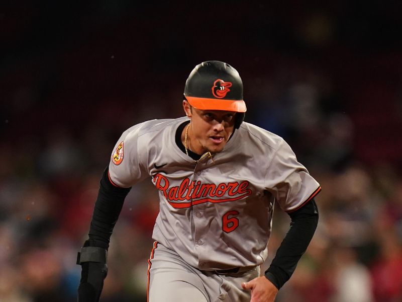 Apr 10, 2024; Boston, Massachusetts, USA; Baltimore Orioles first base Ryan Mountcastle (6) to third base against the Boston Red Sox in the sixth inning at Fenway Park. Mandatory Credit: David Butler II-USA TODAY Sports