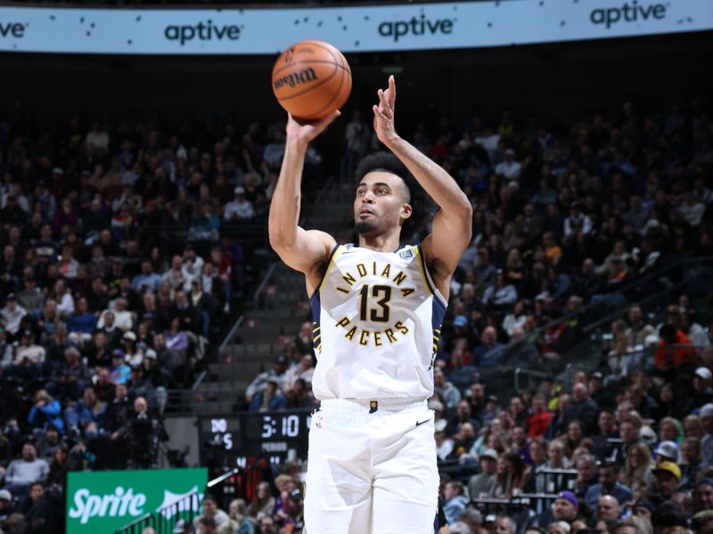 SALT LAKE CITY, UT - JANUARY 15: Jordan Nwora #13 of the Indiana Pacers shoots a three point basket during the game against the Utah Jazz on January 15, 2024 at Delta Center in Salt Lake City, Utah. NOTE TO USER: User expressly acknowledges and agrees that, by downloading and or using this Photograph, User is consenting to the terms and conditions of the Getty Images License Agreement. Mandatory Copyright Notice: Copyright 2024 NBAE (Photo by Melissa Majchrzak/NBAE via Getty Images)