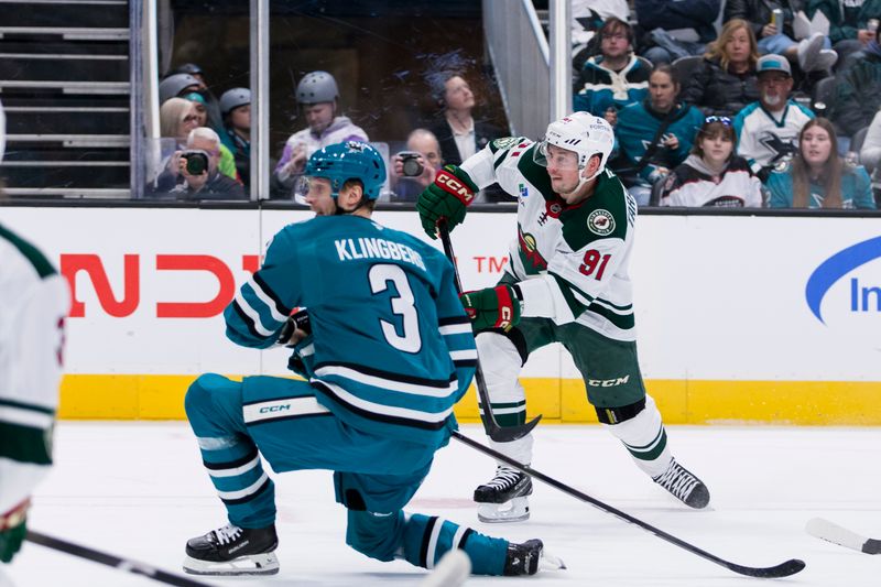 Dec 31, 2025; San Jose, California, USA;  Minnesota Wild right wing Vladimir Tarasenko (91) shoots and scores against the San Jose Sharks during the first period at SAP Center at San Jose. Mandatory Credit: John Hefti-Imagn Images