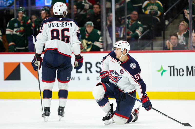 Oct 10, 2024; Saint Paul, Minnesota, USA; Columbus Blue Jackets right wing Yegor Chinakhov (59) reacts during the third period against the Minnesota Wild at Xcel Energy Center. Mandatory Credit: Matt Krohn-Imagn Images