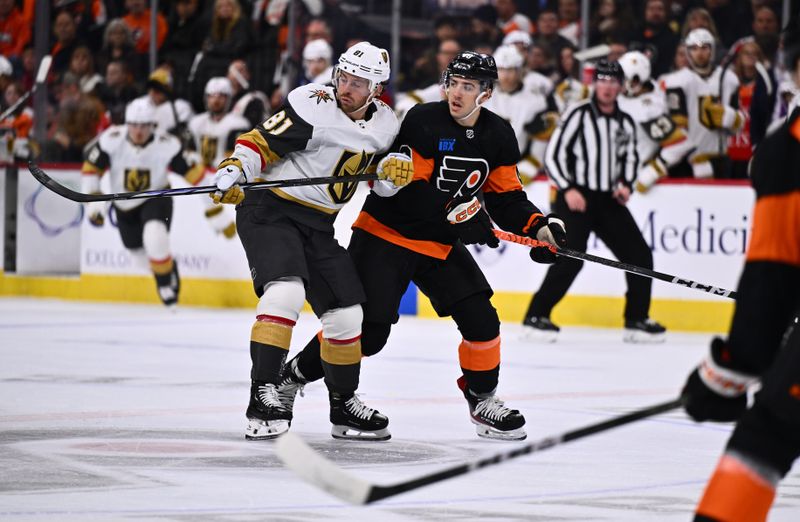 Nov 18, 2023; Philadelphia, Pennsylvania, USA; Vegas Golden Knights right wing Jonathan Marchessault (81) and Philadelphia Flyers center Morgan Frost (48) skate across center ice in the first period at Wells Fargo Center. Mandatory Credit: Kyle Ross-USA TODAY Sports