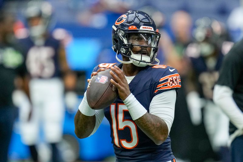 Chicago Bears quarterback PJ Walker warms up for the team's NFL preseason football game against the Indianapolis Colts in Indianapolis, Saturday, Aug. 19, 2023. (AP Photo/Michael Conroy)