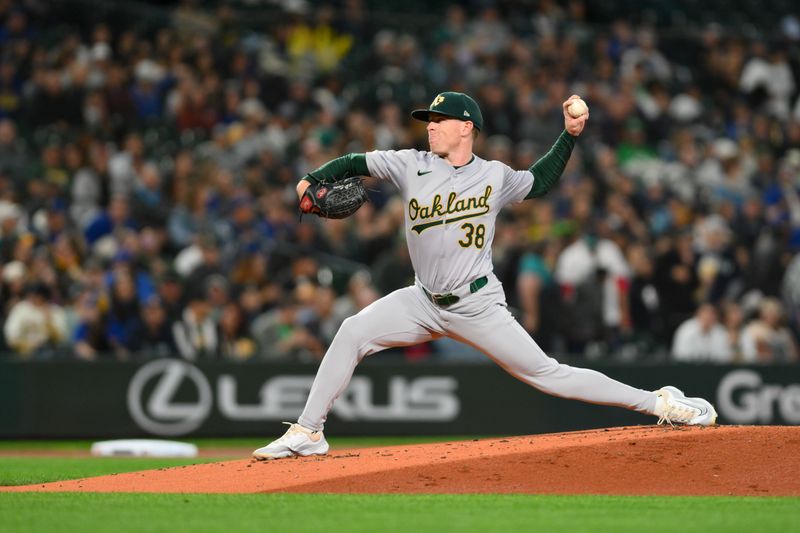 Sep 27, 2024; Seattle, Washington, USA; Oakland Athletics starting pitcher JP Sears (38) pitches to the Seattle Mariners during the first inning at T-Mobile Park. Mandatory Credit: Steven Bisig-Imagn Images