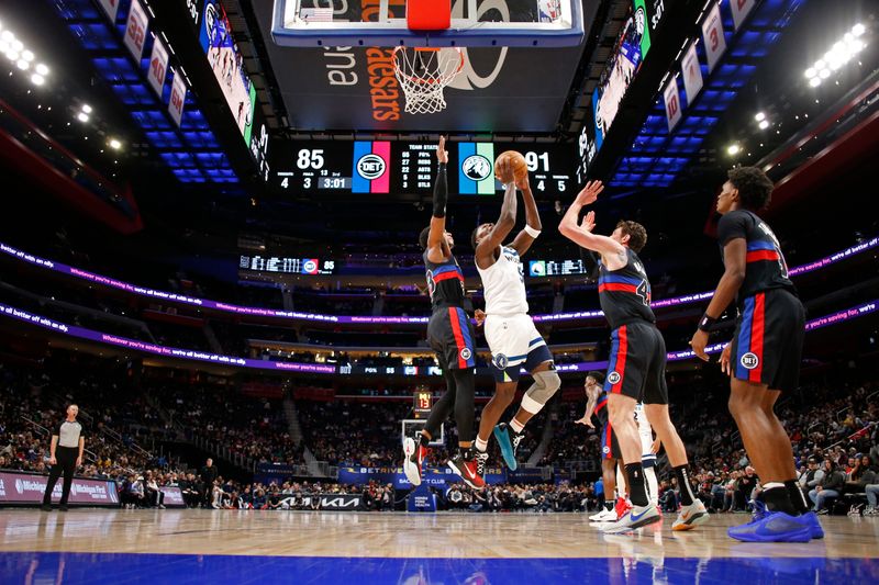 DETROIT, MI - JANUARY 17: Anthony Edwards #5 of the Minnesota Timberwolves shoots the ball during the game against the Detroit Pistons on January 17, 2024 at Little Caesars Arena in Detroit, Michigan. NOTE TO USER: User expressly acknowledges and agrees that, by downloading and/or using this photograph, User is consenting to the terms and conditions of the Getty Images License Agreement. Mandatory Copyright Notice: Copyright 2024 NBAE (Photo by Brian Sevald/NBAE via Getty Images)