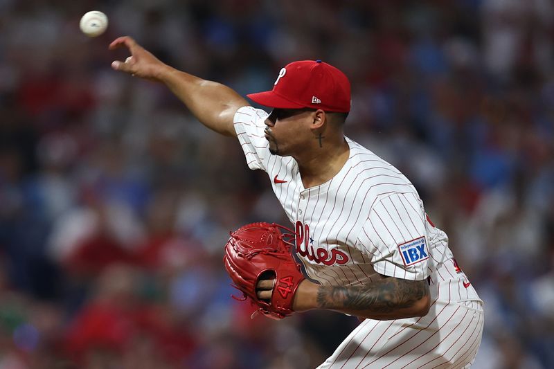 Aug 3, 2025; Philadelphia, Pennsylvania, USA; Philadelphia Phillies pitcher Jhoan Duran (59) throws a pitch during the ninth inning against the Detroit Tigers at Citizens Bank Park. Mandatory Credit: Bill Streicher-Imagn Images