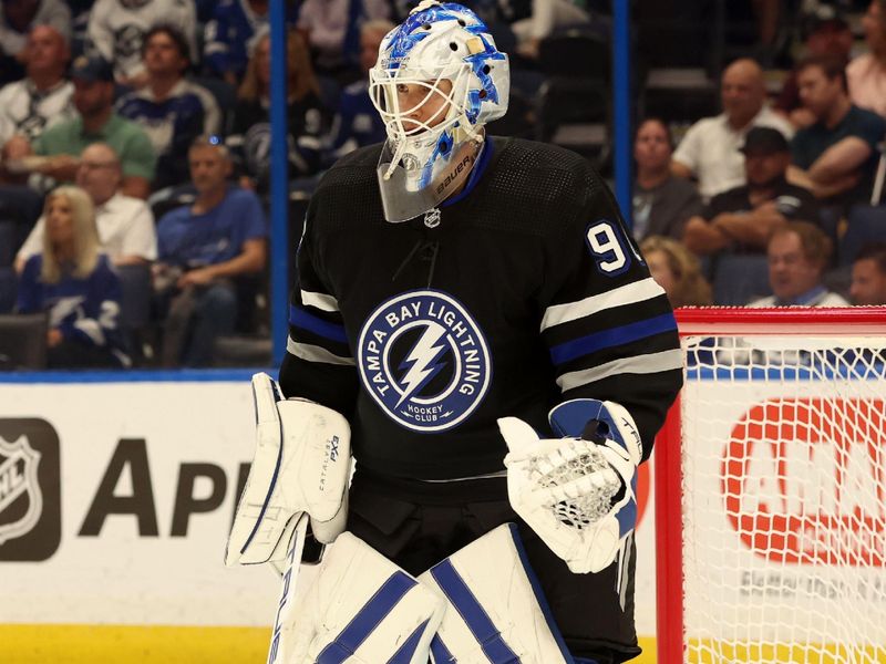 Apr 17, 2024; Tampa, Florida, USA; Tampa Bay Lightning goaltender Matt Tomkins (90) looks on against the Toronto Maple Leafs during the second period at Amalie Arena. Mandatory Credit: Kim Klement Neitzel-USA TODAY Sports