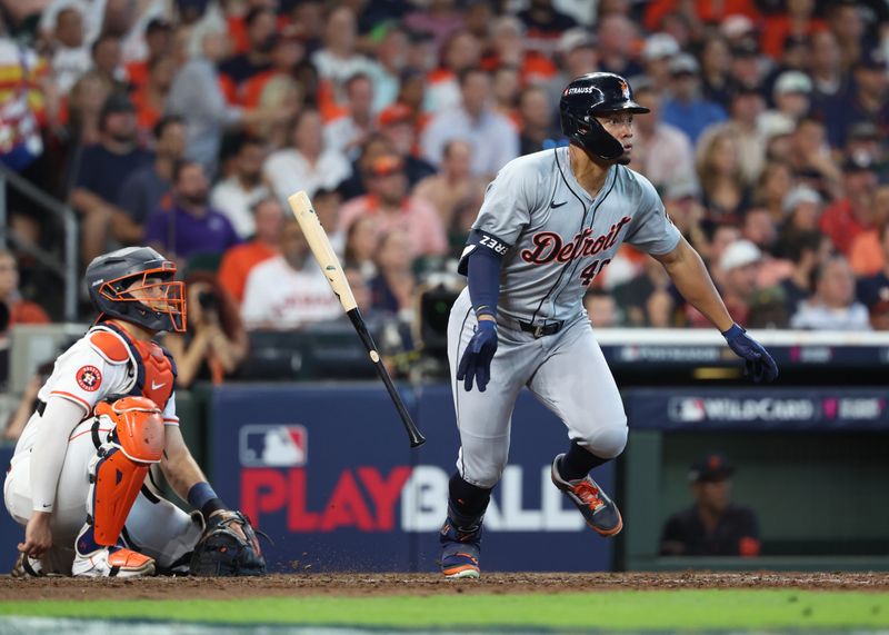 Oct 1, 2024; Houston, Texas, USA; Detroit Tigers outfielder Wenceel Perez (46) hits a single in the seventh inning against the Houston Astros in game one of the Wild Card round for the 2024 MLB Playoffs at Minute Maid Park. Mandatory Credit: Troy Taormina-Imagn Images