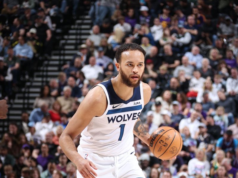 SALT LAKE CITY, UT - MARCH 18: Kyle Anderson #1 of the Minnesota Timberwolves handles the ball during the game against the Utah Jazz on March 18, 2024 at Delta Center in Salt Lake City, Utah. NOTE TO USER: User expressly acknowledges and agrees that, by downloading and or using this Photograph, User is consenting to the terms and conditions of the Getty Images License Agreement. Mandatory Copyright Notice: Copyright 2024 NBAE (Photo by Melissa Majchrzak/NBAE via Getty Images)