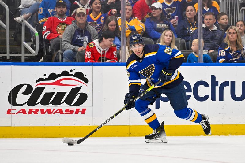 Apr 10, 2024; St. Louis, Missouri, USA;  St. Louis Blues center Jordan Kyrou (25) controls the puck against the Chicago Blackhawks during the second period at Enterprise Center. Mandatory Credit: Jeff Curry-USA TODAY Sports