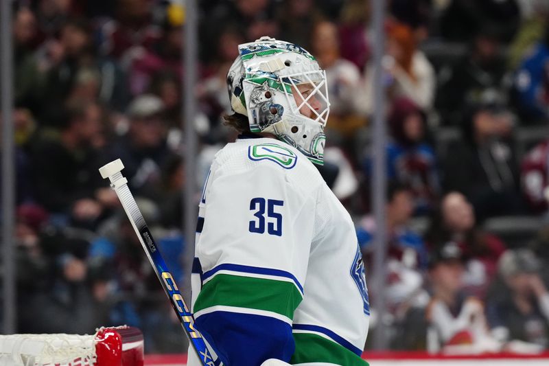 Feb 20, 2024; Denver, Colorado, USA; Vancouver Canucks goaltender Thatcher Demko (35) during the second period against the Colorado Avalanche at Ball Arena. Mandatory Credit: Ron Chenoy-USA TODAY Sports