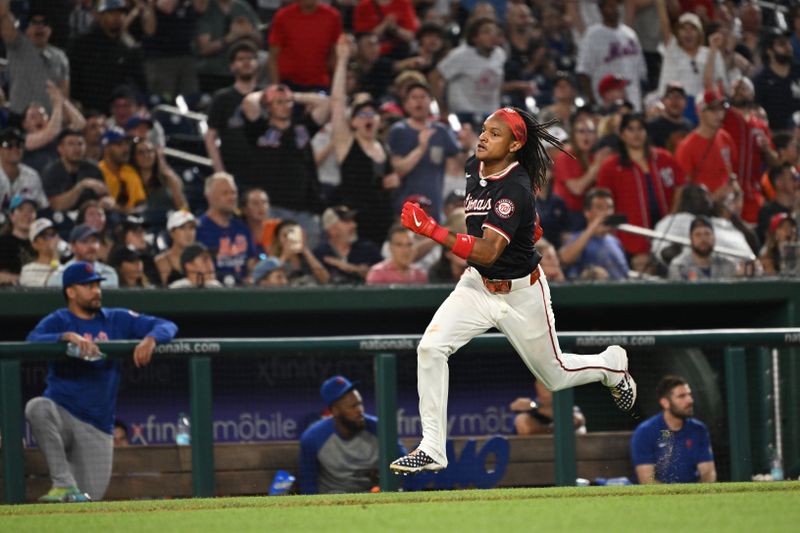 Jul 3, 2024; Washington, District of Columbia, USA; Washington Nationals shortstop CJ Abrams (5) sprints to home plate to score a run against the New York Mets during the seventh inning at Nationals Park. Mandatory Credit: Rafael Suanes-USA TODAY Sports