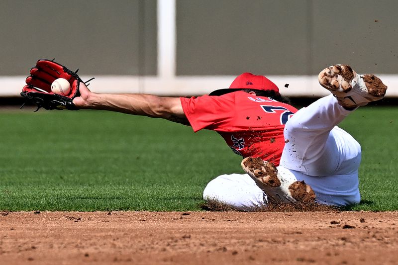 Mar 7, 2024; Fort Myers, Florida, USA; Boston Red Sox shortstop David Hamilton (70) fields a ground ball in the second inning against the Atlanta Braves at JetBlue Park at Fenway South. Mandatory Credit: Jonathan Dyer-USA TODAY Sports