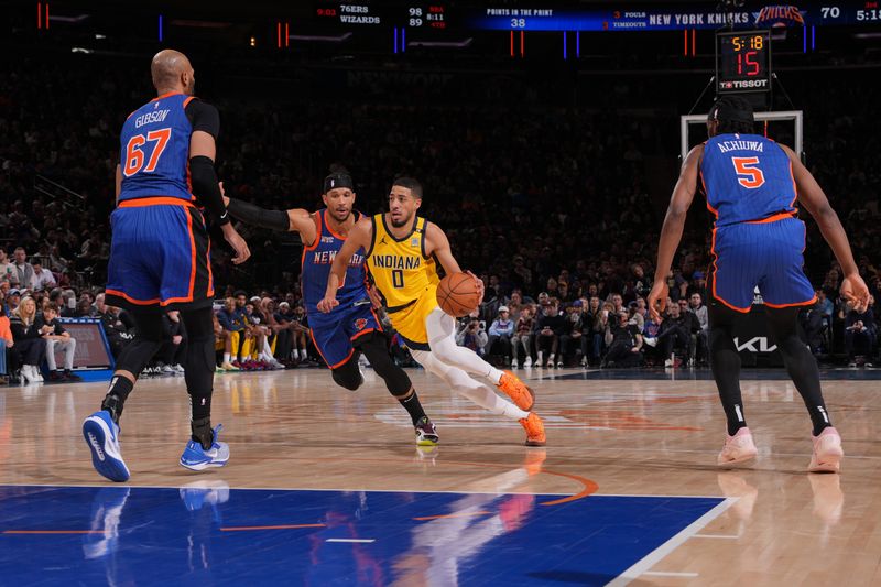 NEW YORK, NY - FEBRUARY 10: Tyrese Haliburton #0 of the Indiana Pacers dribbles the ball during the game against the New York Knicks on February 10, 2024 at Madison Square Garden in New York City, New York.  NOTE TO USER: User expressly acknowledges and agrees that, by downloading and or using this photograph, User is consenting to the terms and conditions of the Getty Images License Agreement. Mandatory Copyright Notice: Copyright 2024 NBAE  (Photo by Jesse D. Garrabrant/NBAE via Getty Images)