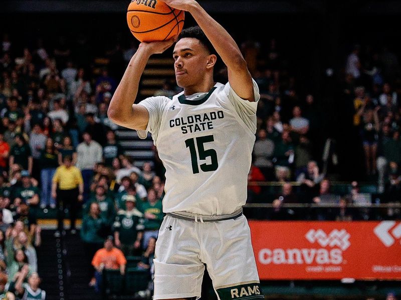 Feb 17, 2024; Fort Collins, Colorado, USA; Colorado State Rams guard Jalen Lake (15) attempts a shot in the second half against the Utah State Aggies at Moby Arena. Mandatory Credit: Isaiah J. Downing-USA TODAY Sports