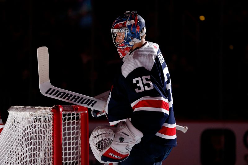 Jan 7, 2024; Washington, District of Columbia, USA; Washington Capitals goaltender Darcy Kuemper (35) looks on prior to the game against the Los Angeles Kings at Capital One Arena. Mandatory Credit: Amber Searls-USA TODAY Sports